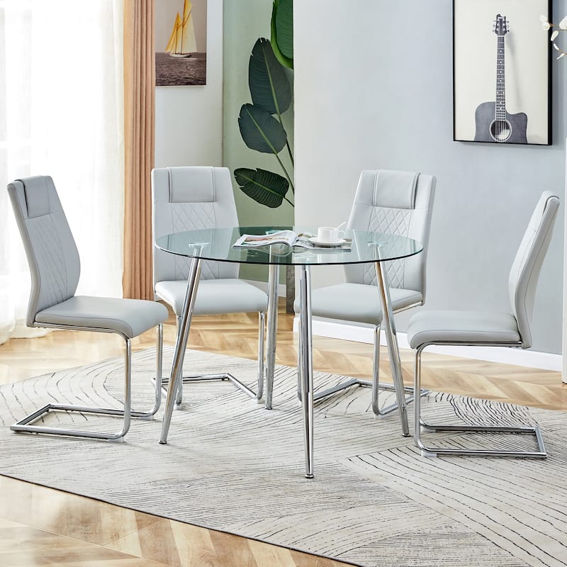 Modern 5-Piece Dining Set with Round Glass Top & 4 PU Upholstered Chairs