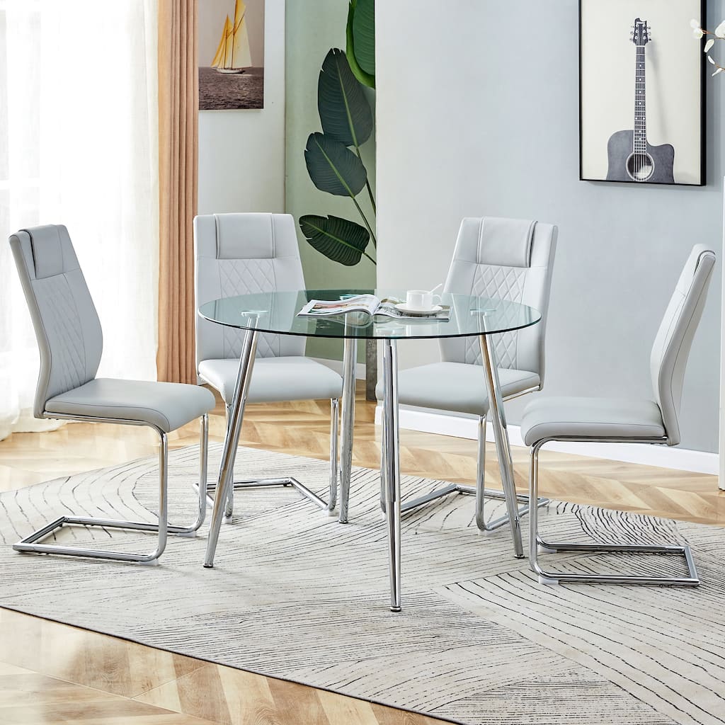 Modern 5-Piece Dining Set with Round Glass Top & 4 PU Upholstered Chairs