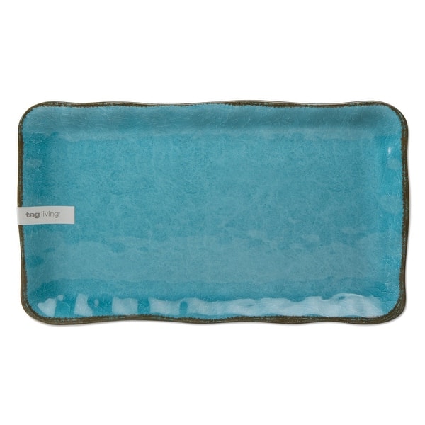17L in. x 10.75W in. Veranda Cracked Glaze Solid Wavy Edge Melamine Serving Platter Indoor Outdoor Rectangle Ocean Blue