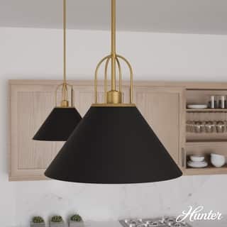 Hunter Carrington Isle Black / Luxe Gold Pendant - Island, Dining Room, Foyer, Bedroom - Casual, Transitional, Cone - Designer!