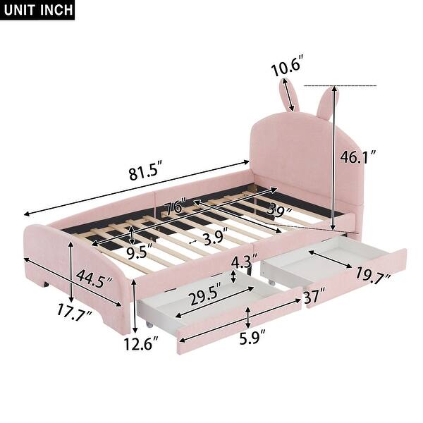dimension image slide 0 of 2, Chenille Upholstered Twin Platform Bed, Cartoon Ears Headboard, 2 Drawers, Guardrail