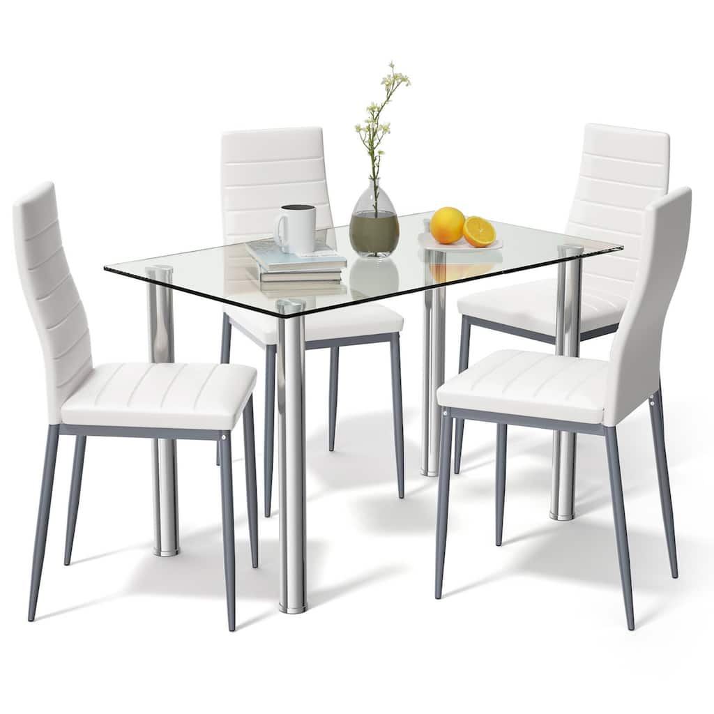 Costway 5 Piece Dining Set Table 29.6'' and 4 Chairs Glass Metal