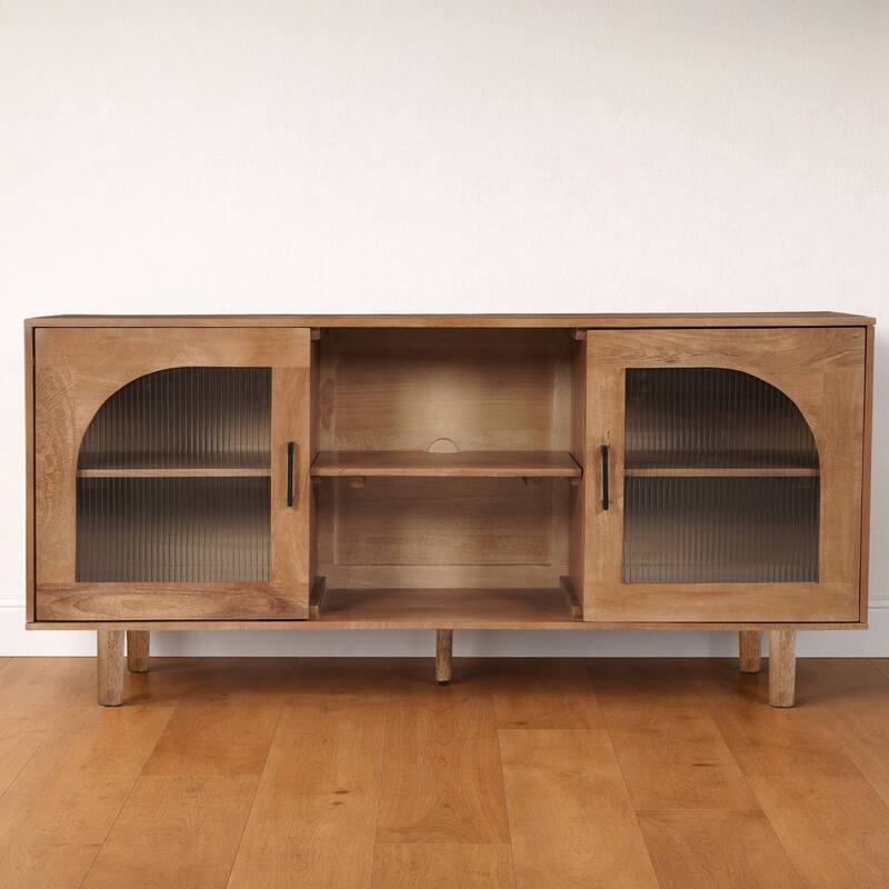 64 Inch James TV Stand Console, 2 Arch Glass Door Cabinets & Shelves, Walnut Brown Mango Wood