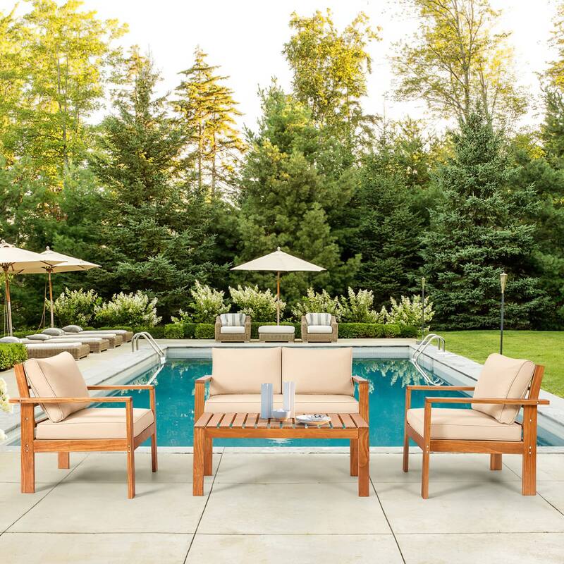 EROMMY Wood Patio Conversation Set with Coffee Table and Soft Cushions, Outdoor Sofa Set for Garden, Backyard