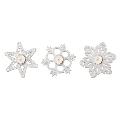 Transpac Metal 6.1 in. White Christmas Snowflake Candle Holder Set of 3