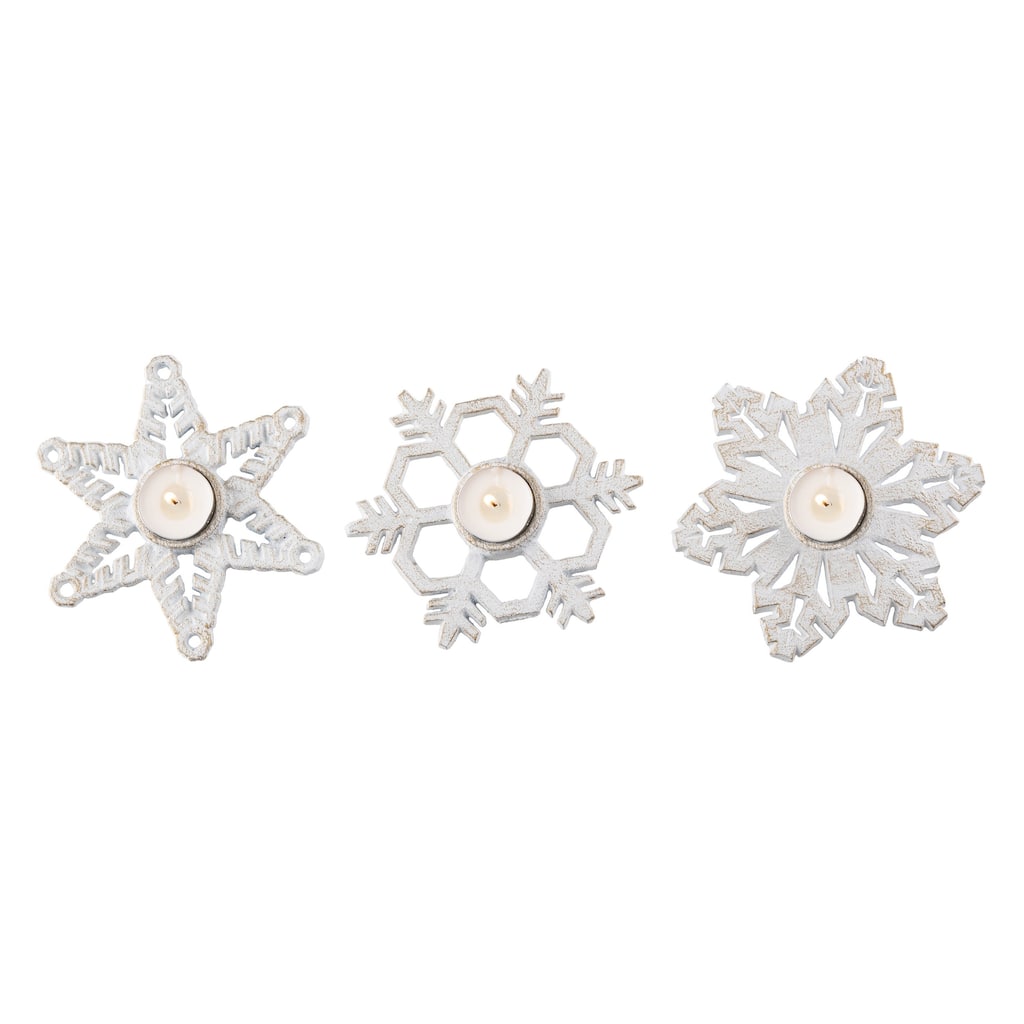Transpac Metal 6.1 in. White Christmas Snowflake Candle Holder Set of 3