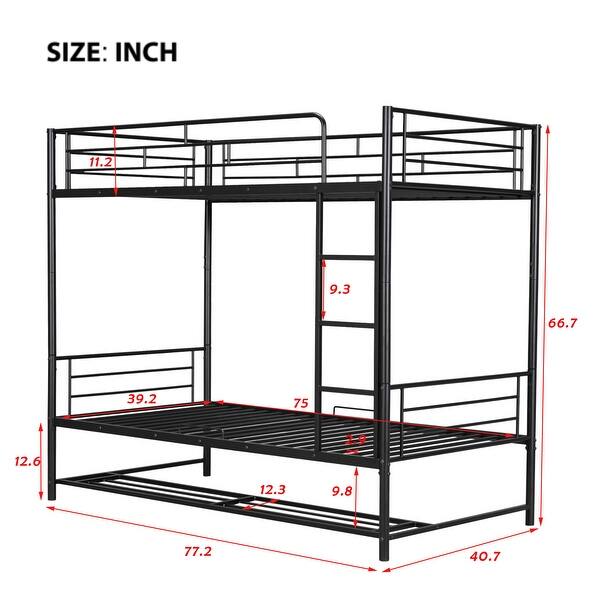 Black Metal Bunk Bed with Bottom Shelf and Full-Length Guardrails, Converts to Two Beds