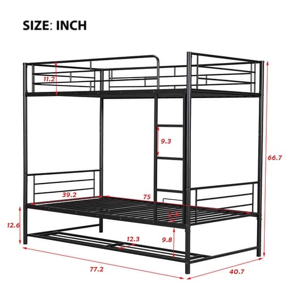 dimension image slide 3 of 5, Metal Bunk Bed, Divided Into 2 Beds, Bed Bottom with Storage Shelf, Guardrails Metal Bed Frame