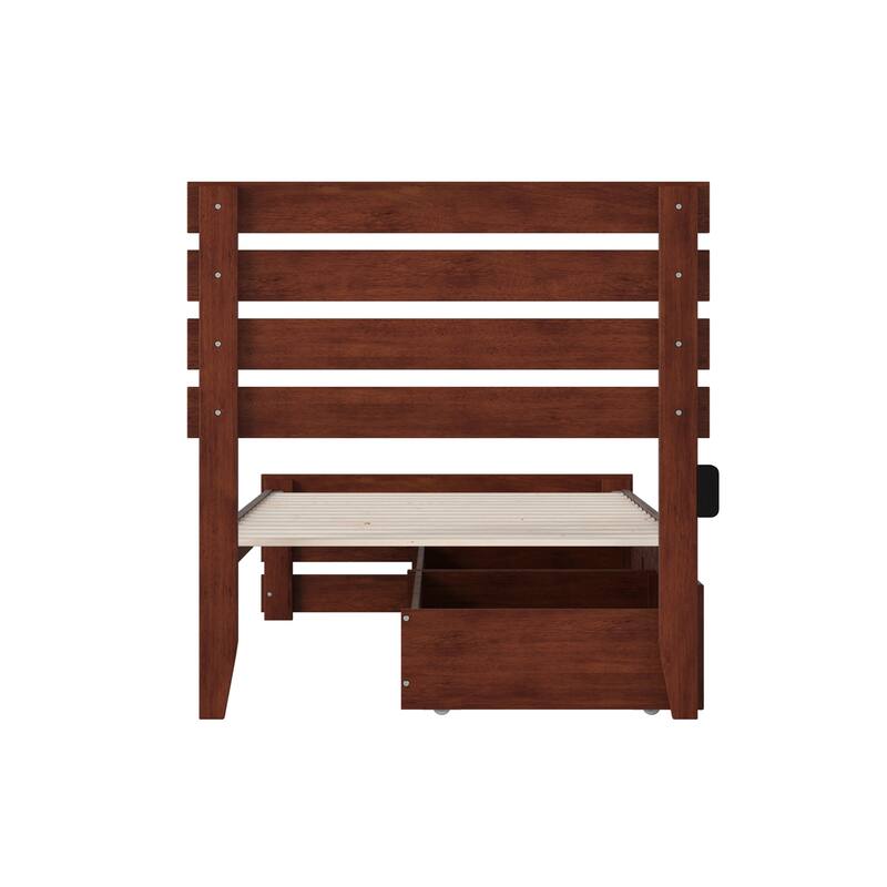 Twin XL Platform Bed with Footboard & USB Charger - Modern Storage Bed in Walnut Finish