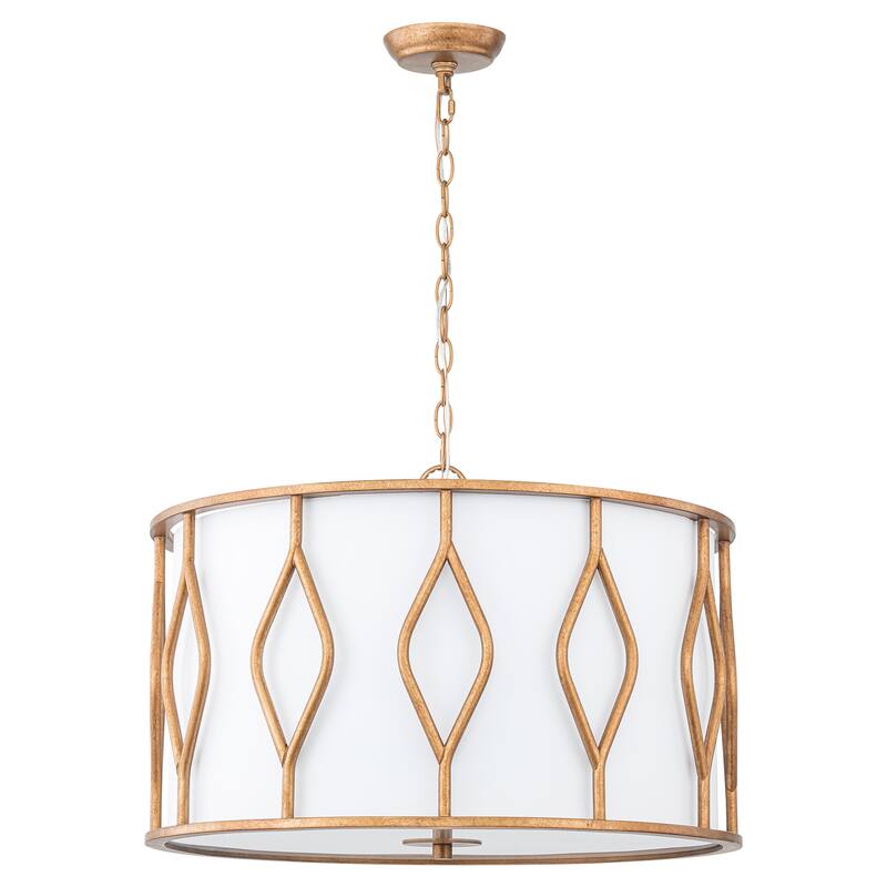 4-Light Industrial Farmhouse Antique Gold Drum Pendant Light with White Fabric Shade - 23.62 in. W x 16.54 in. H