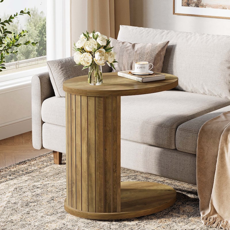 2-Tier End Side Table Bedside Nightstand with Oval Tabletop - Brown