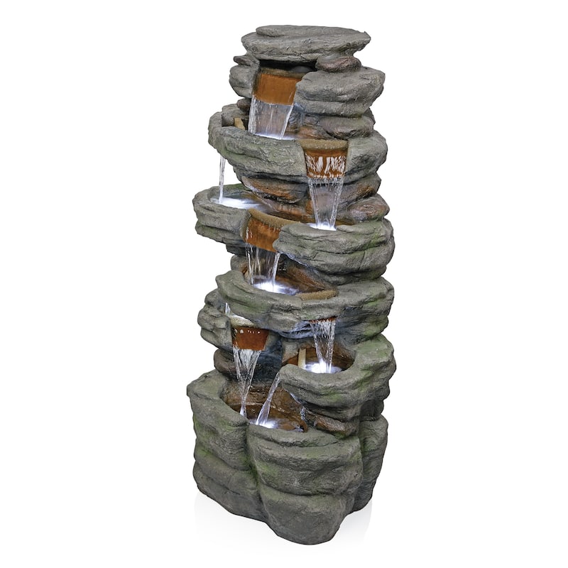 Multi-Level Stone Tower Fountain w/Cool White Lights