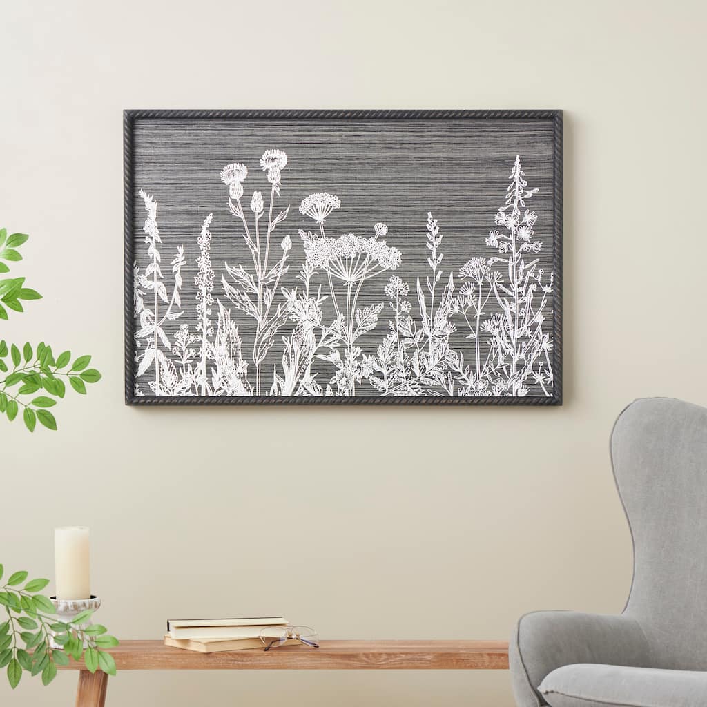 Black Wood Relief Floral Home Wall Decor with Gray Textured Backing and Black Twisted Frame