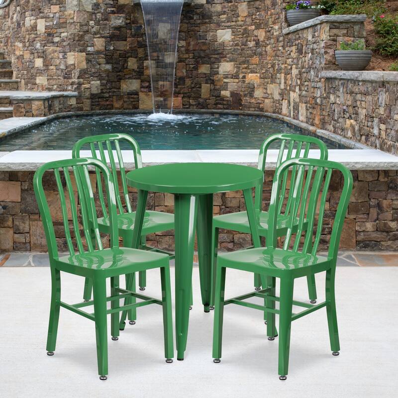 24'' Round Metal Indoor-Outdoor Table Set with 4 Vertical Slat Back Chairs