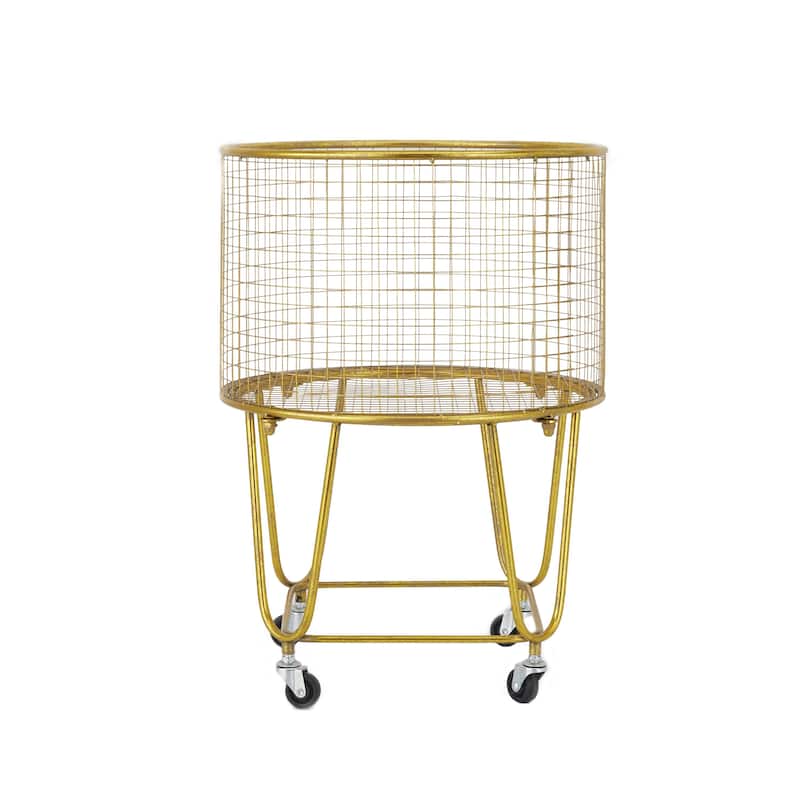 Metal Deep Set Metal Mesh Laundry Basket Storage Cart with Wheels - Gold or White - Roche River Decor