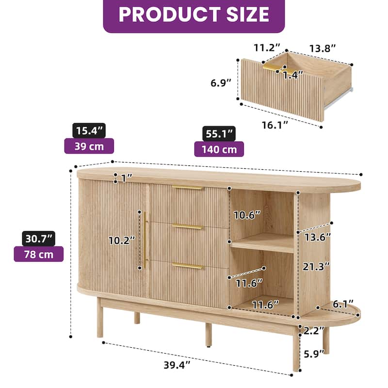 Moasis Mid-Century Modern Fluted Sideboard Buffet Cabinet with Sliding Doors and Drawers