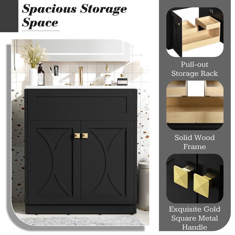 60"Bathroom Vanity with Ceramic Sink Combo, Modern Freestanding Storage Cabinet with Gold Handles, Soft Closing Doors