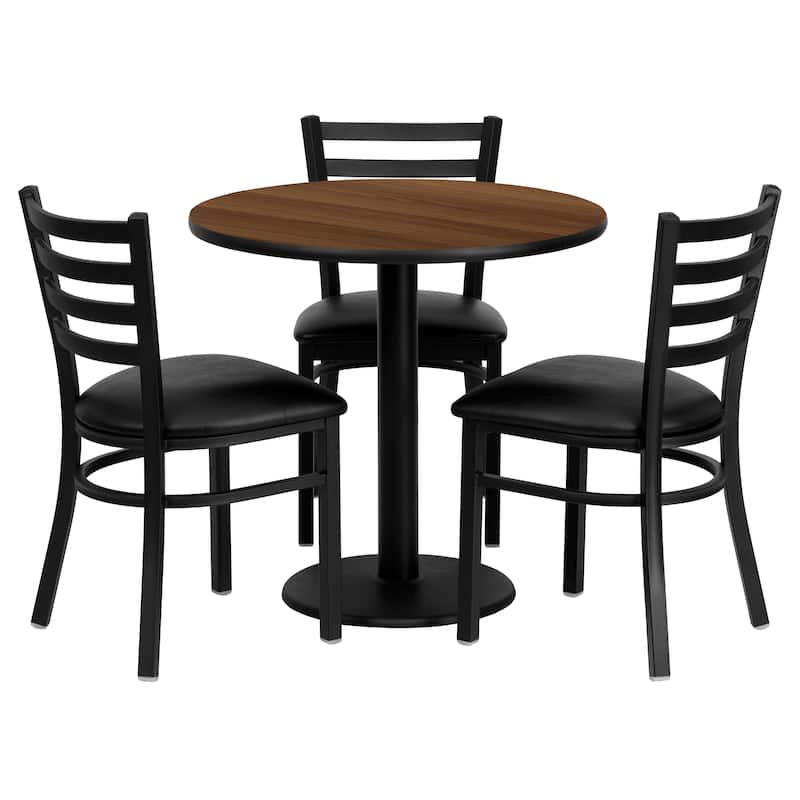 30" Round Walnut Laminate Table Set with 3 Metal Chairs - Vinyl Seat - Walnut