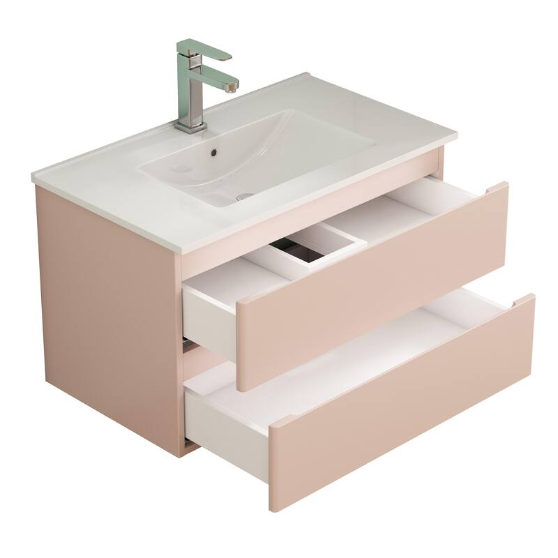 32 Inch Floating Bathroom Vanity with One-piece Ceramic Sink, Wall Mounted Cabinet with 2 Drawers