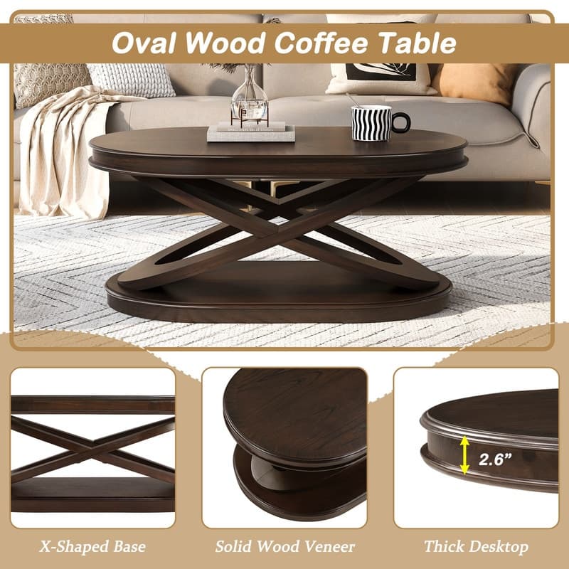 Solid Wood Oval Coffee Table with X-Shaped Base for Living Room Use