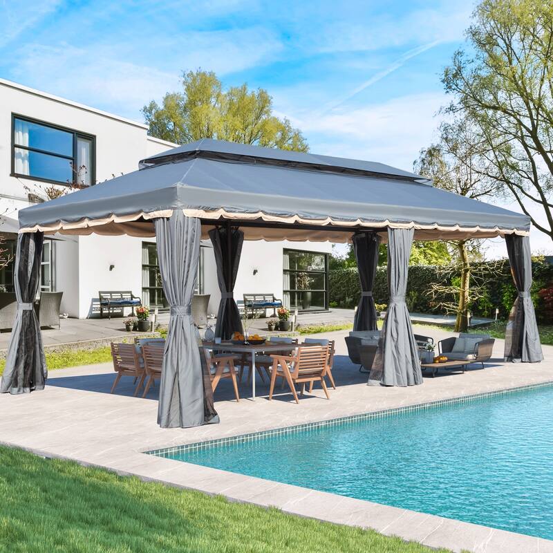 EROMMY Outdoor Canopy Gazebo Double Roof Patio Gazebo with Soft Top, includes Curtains - 10' x 20' - Dark Grey
