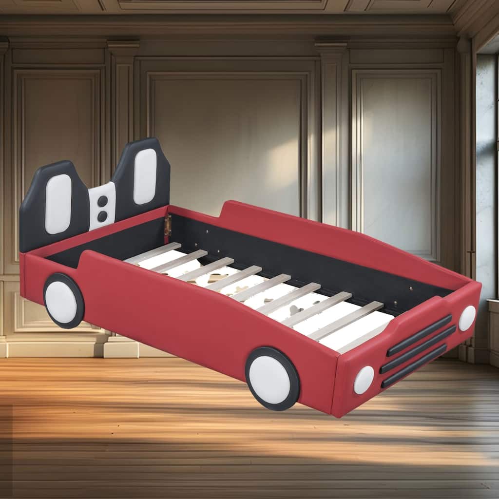Twin Size Race Car Bed with PU Leather Upholstery, Safety Rails, and Realistic Wheels for Kids' Bedrooms