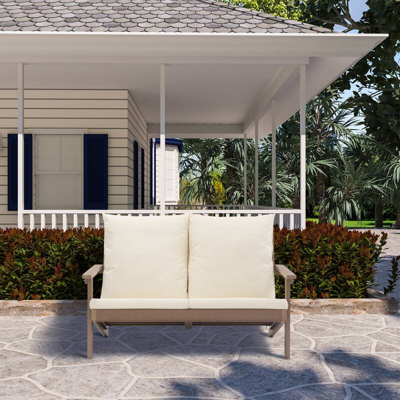 Outdoor Patio Loveseat Sofa, Teak Wood+Plastic Conversation Set
