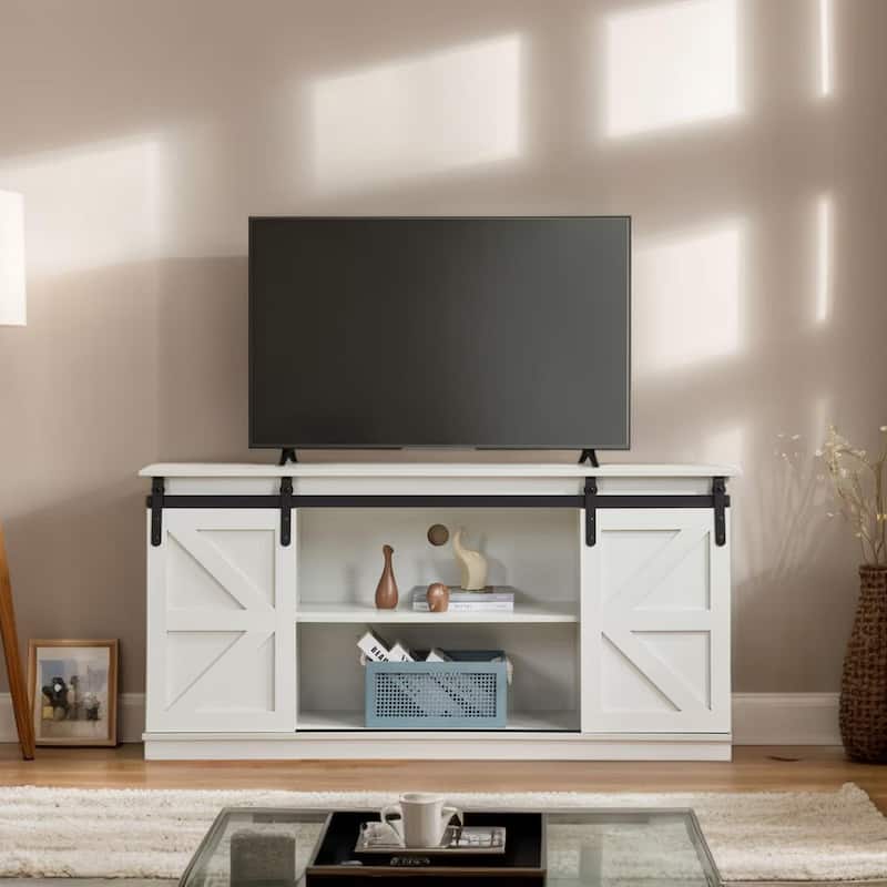 Homy Casa 58'' Farmhouse TV Stand. Sliding Barn Doors, Storage Cabinet