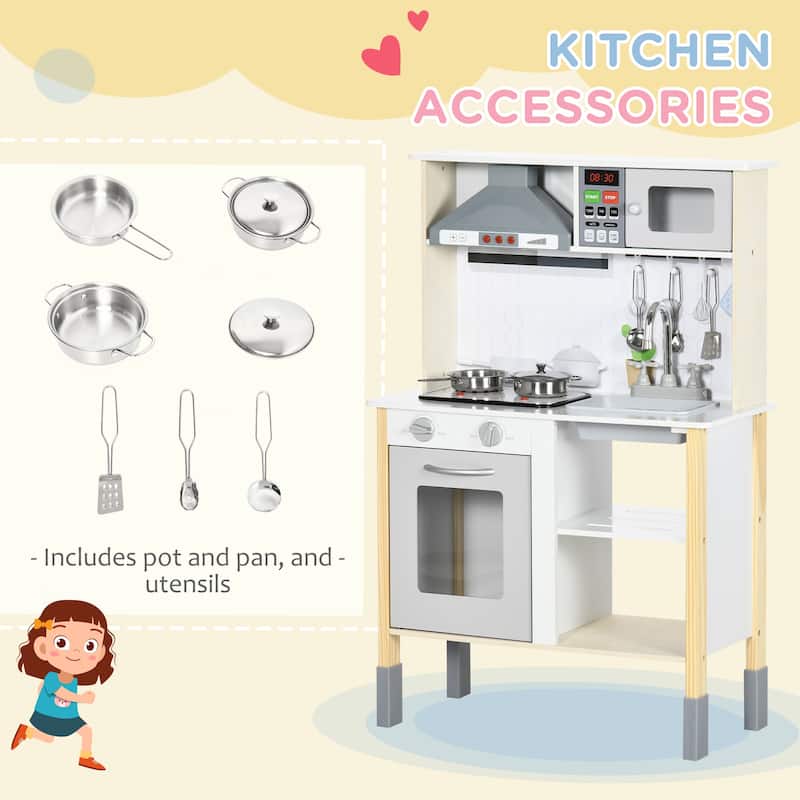 Qaba Wooden Play Kitchen with Realistic Lights and Sounds, Height-Adjustable Kids Kitchen Playset with Microwave, Range Hood