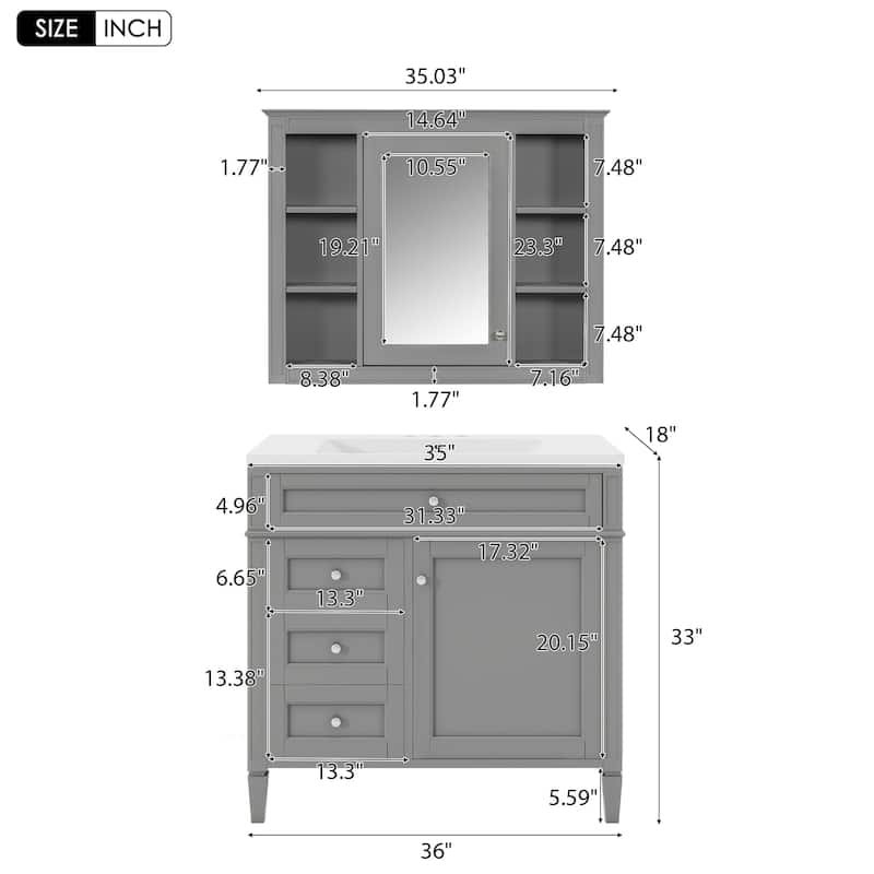 36 inch MDF Freestanding Bathroom Vanity Set - 36" x 18" x 33"