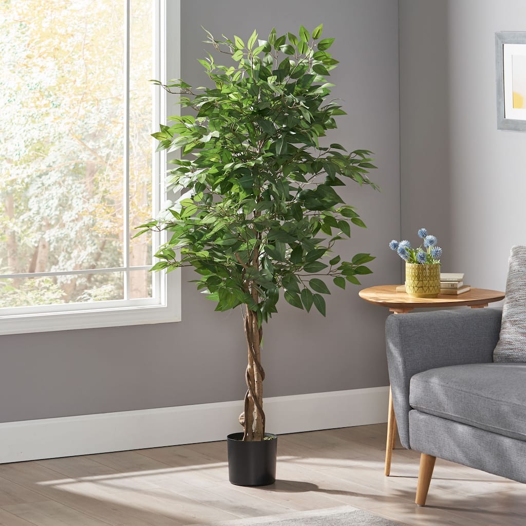 Roomfitters Artificial Ficus Tree, 5 Feet Tall Fake Ficus Potted Plant with Twisted Trunk for Home Office Corner Decor, Green