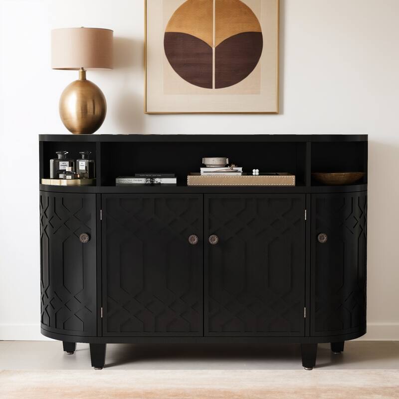 Curved Design Storage Cabinet made of Fraxinus Mandschuric Solid Wood Veneer, Featuring Four Doors and Adjustable Shelves