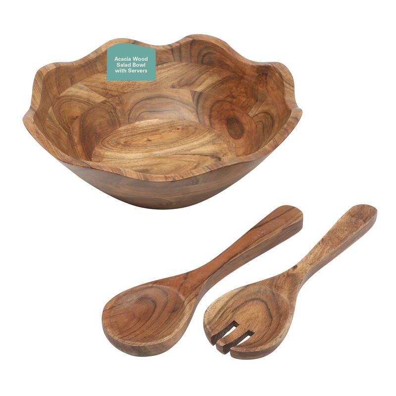 Gibson Home Sandhurst 3-Piece Acacia Wood Salad Bowl Set - 12-Inch Scalloped Serving Bowl with Wooden Salad Servers