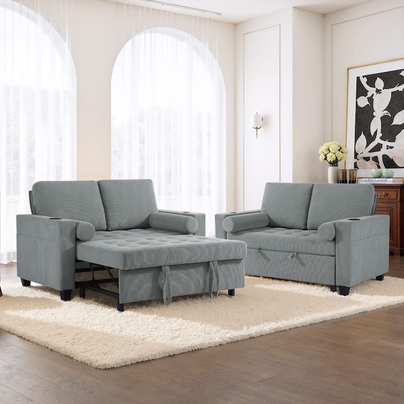 2 Set Multi-Functional Sleeper Sofa Bed 3-in-1 Pull-Out Convertible Adjustable Loveseat with USB Port - Grey