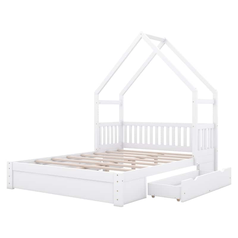 Wood Queen Size House Platform Bed with Guardrail and 2 Drawers