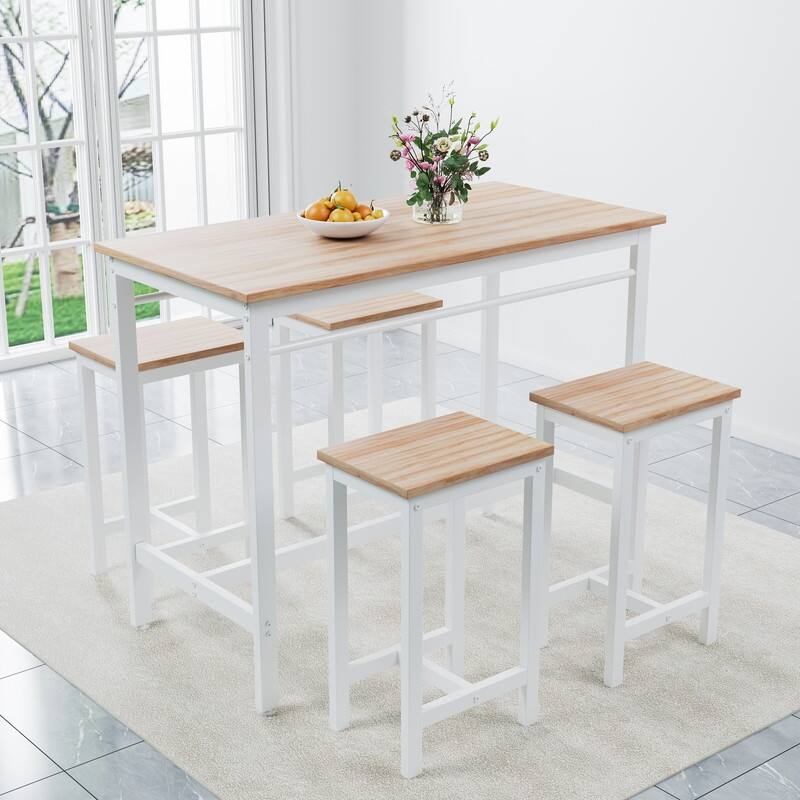5-Piece Modern Kitchen Restaurant Bar Counter Table & Chair Set, Made of Metal Frame & MDF, with 1 Dining Table and 4 Bar Stools