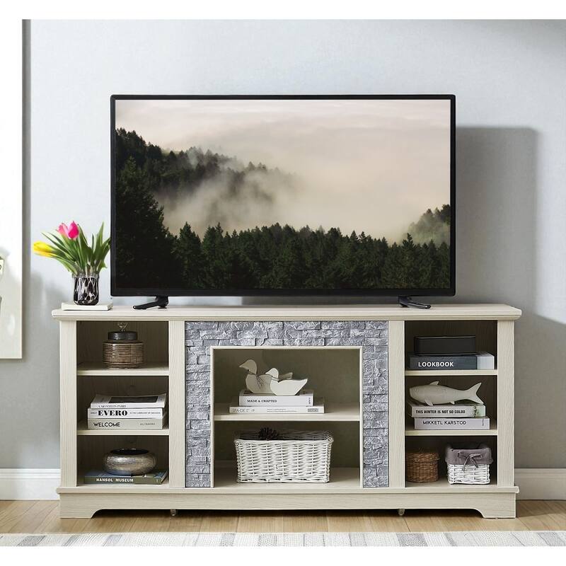 Mantel Stone 58" TV Stand with Faux Stacked Stone Surround, Modern Media Console with Open Storage & Cable Management - White