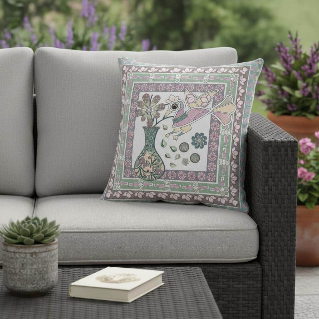 HomeRoots 26" x 26" Pink Bird Blown Seam Floral Indoor Outdoor Throw Pillow - 26.00' X '5.00' X '26.00