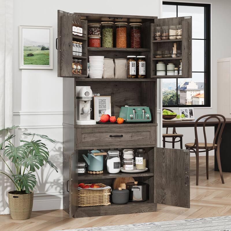 Gymojoy 70" Farmhouse Kitchen Pantry Cabinet With Operation Table & Power Outlet, Freestanding Cupboard