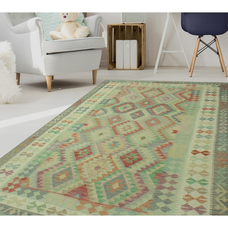 Sun Faded Flatweave Azizi Grey/Green Rug - 6'5" x 9'9"