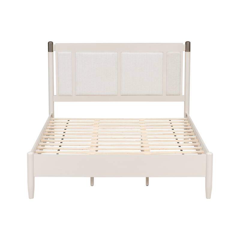 Solid Wood Queen Bed, Heavy Duty 500 lbs Support, No Box Spring Needed, Upholstered Headboard with Metal Handles