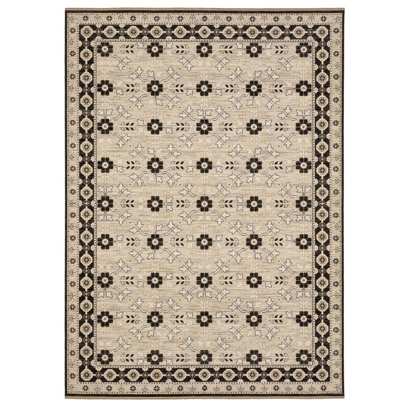Adelaide Traditonal Bordered Floral Beige/ Black Wool Blend Area Rug - 3'3" x 5'