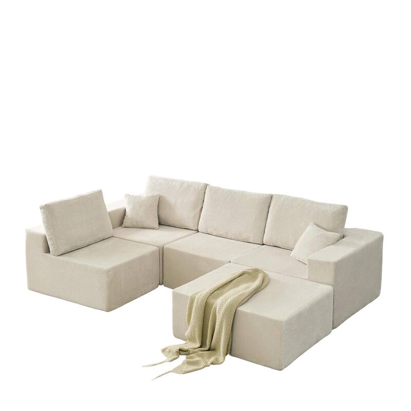Modular L Shaped Sectional Sofa with Ottoman, Corduroy Boneless Cloud Sofa, 4 Seater Compressed Sofa with 2 Pillows