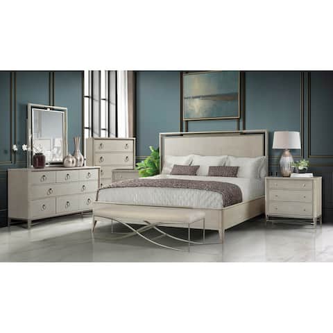Roundhill Furniture Mantalia Solid Wood Bedroom Set, Panel Bed, Dresser, Mirror, 2 Nightstands, Chest, and Bench, Champagne