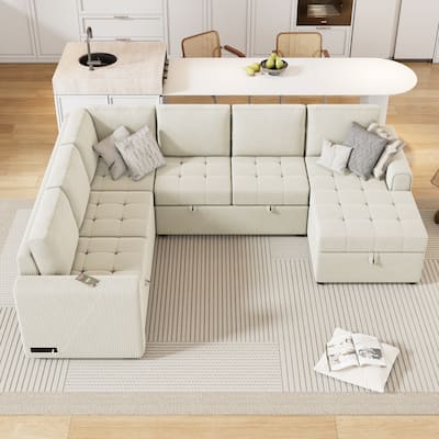 Modern U Shaped Sectional Sofa with Pull Out Bed and Storage Chaise and USB Charging Ports for Living Room or Reception Room