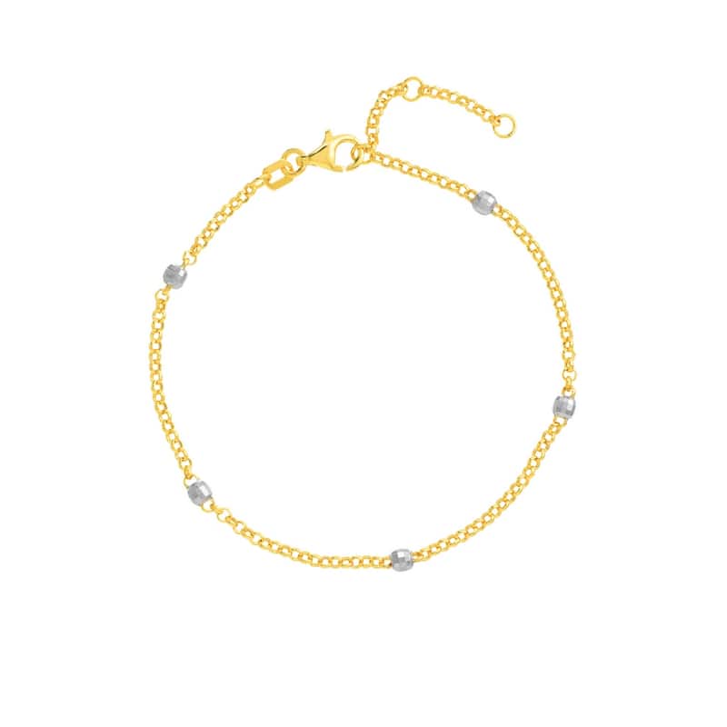 Curata 14k Ytwo-tone Gold 7.25" 3mm Sparkle Cut Bead Station Adjustable Bracelet