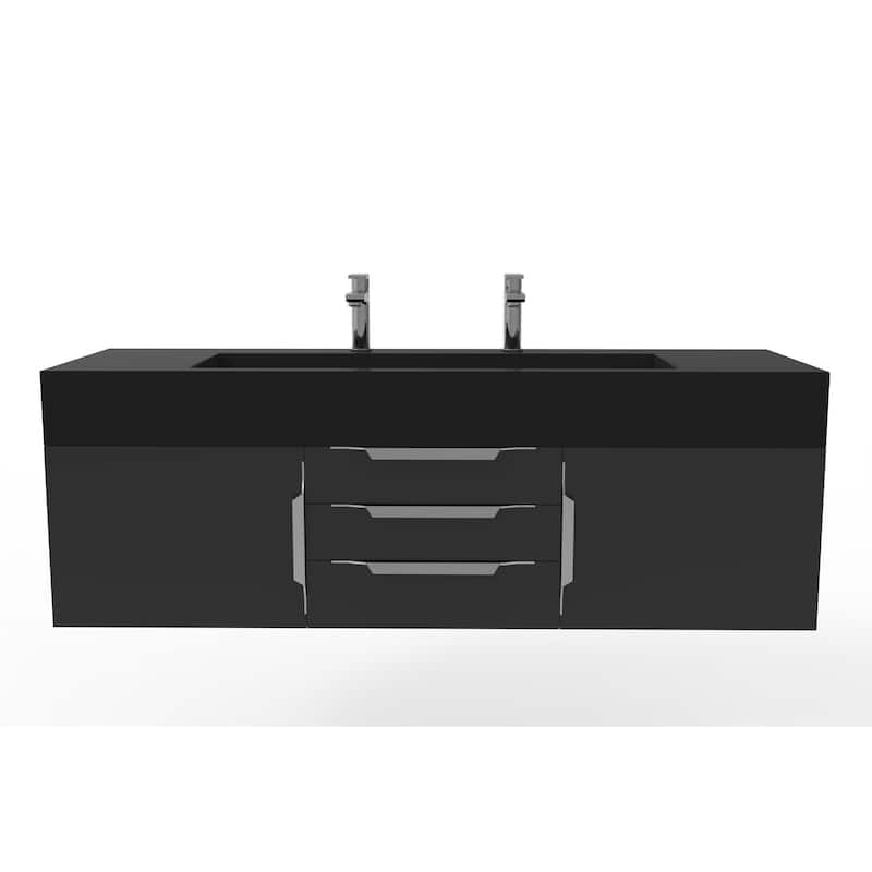 Nile 60" Wall Mounted Bathroom Vanity Set w/ Black Top