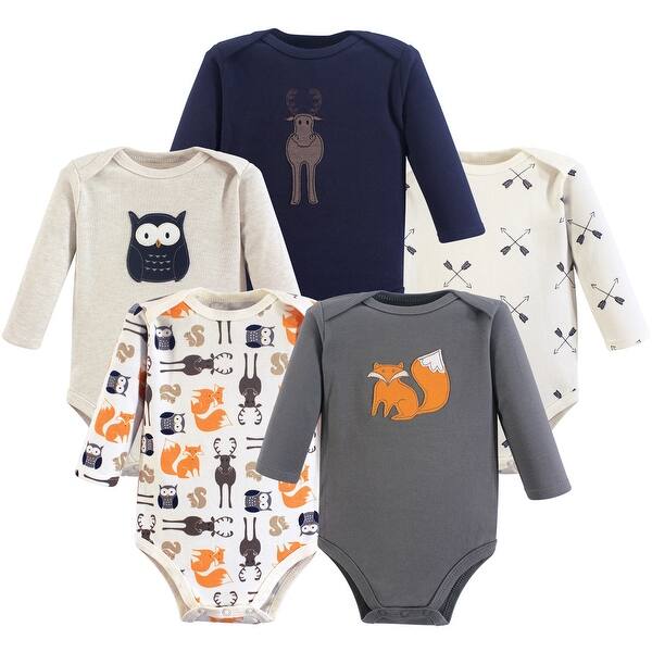 slide 1 of 1, Hudson Baby Infant Boy Cotton Long-Sleeve Bodysuits 5pk, Forest 0-3 Months - Gray Forest 5-Pack