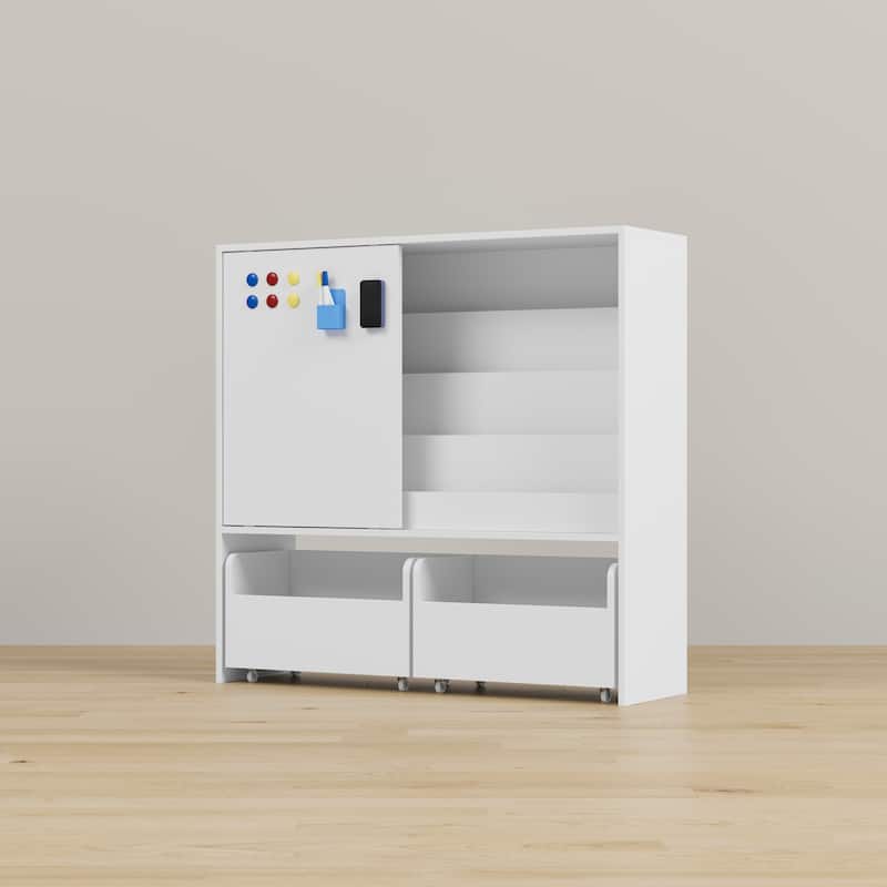 Kids Sliding Door Bookcase with 2 Large Rolling Toy Bins – 39.4" Wide White Children’s Bookshelf Organizer