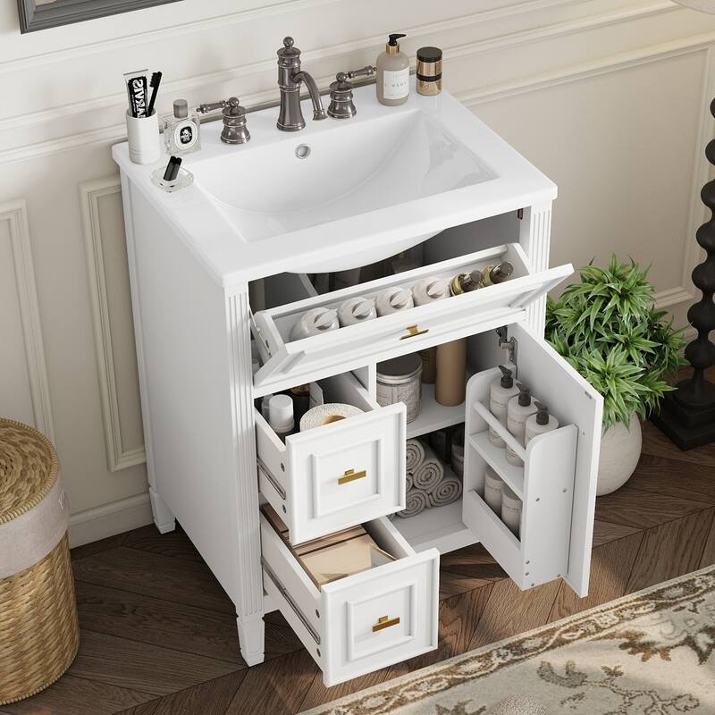 Roomfitters 24" Bathroom Vanity with Sink, Solid Wood Frame, Flip Drawer, 2 Side Drawers & Adjustable Shelf